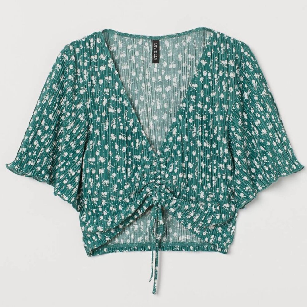 H&M Green/White Floral flutter sleeve cropped top XL